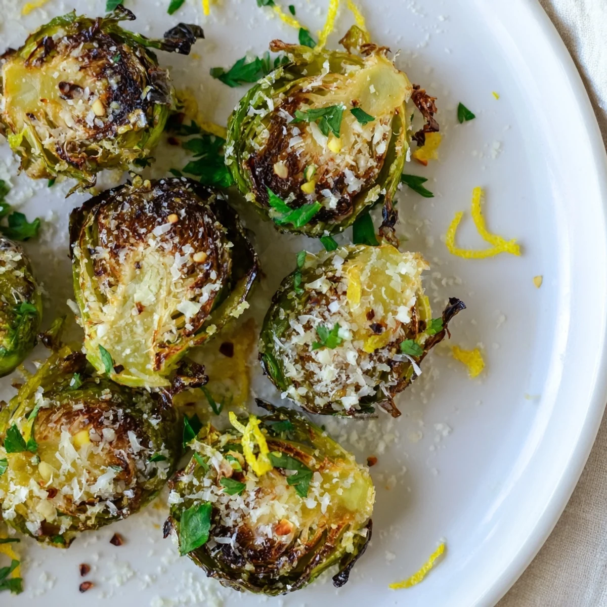 Golden-brown roasted Brussels sprout halves on a baking sheet with herbs and lemon zest.