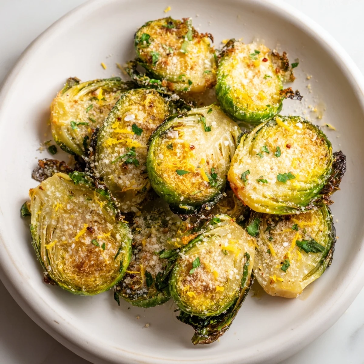 Crispy, caramelized Roasted Sprout Halves garnished with fresh parsley and lemon zest.