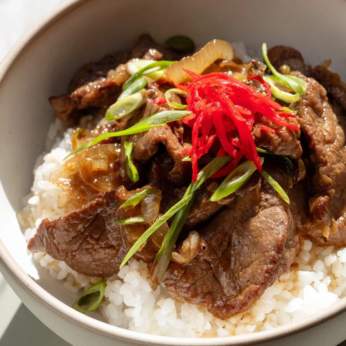 Steaming Japanese Beef Bowl with Rice topped with green onions and pickled ginger.