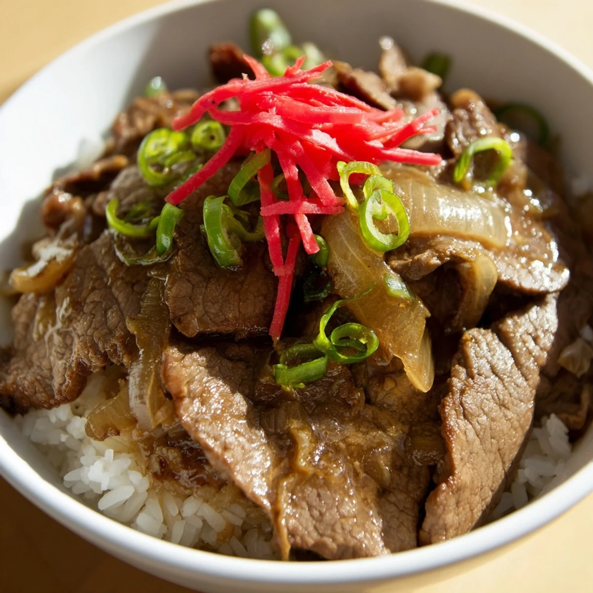 Restaurant style Beef Bowl with Rice garnished with fresh scallions ready to serve.