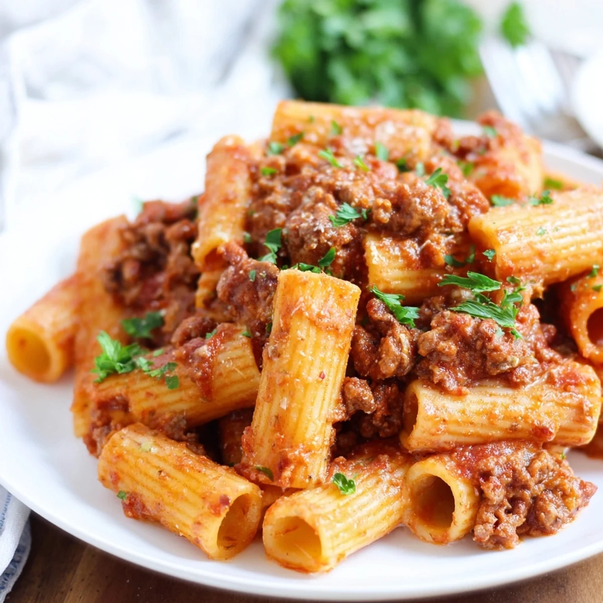 Slow cooker ragu sauce simmering in an oval slow cooker, with visible tender meat chunks and rich red sauce.