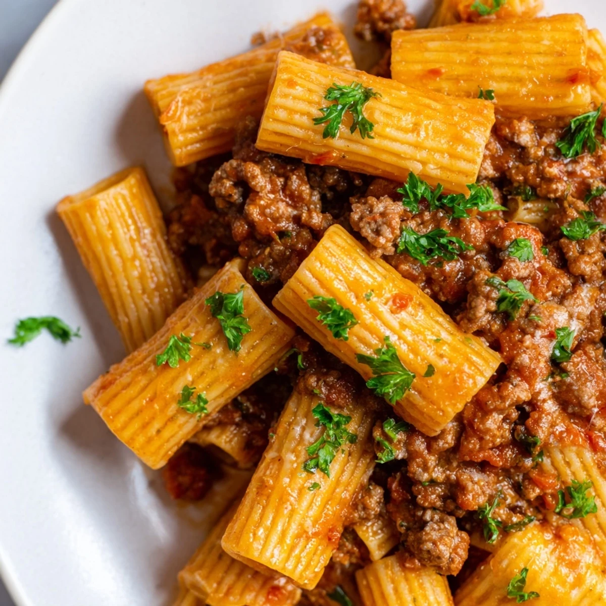 A warm bowl of slow cooker ragu sauce topped with fresh parsley, ready to toss with pappardelle pasta.