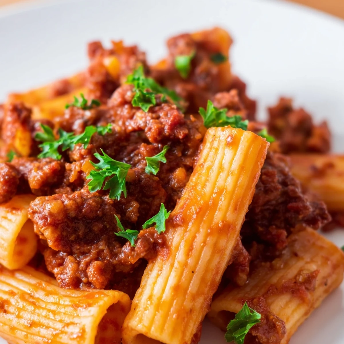 Ground beef and pancetta in slow cooker ragu sauce, bubbling and thick, with steam rising for a cozy dinner.
