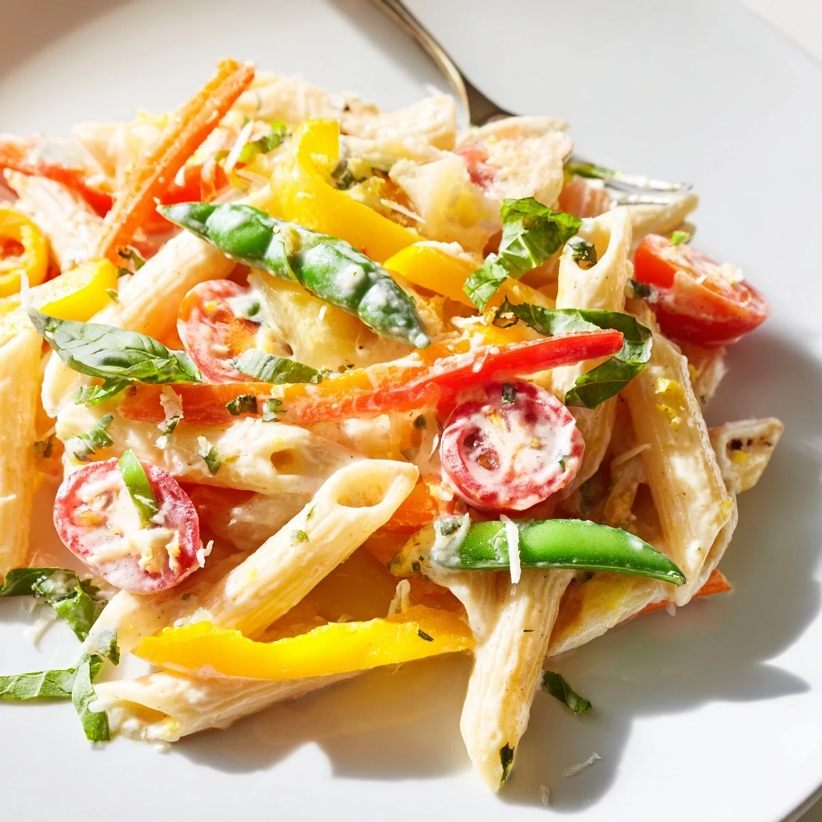 Creamy Pasta Primavera with vibrant red and green vegetables in a luscious white sauce, twirled on a fork.