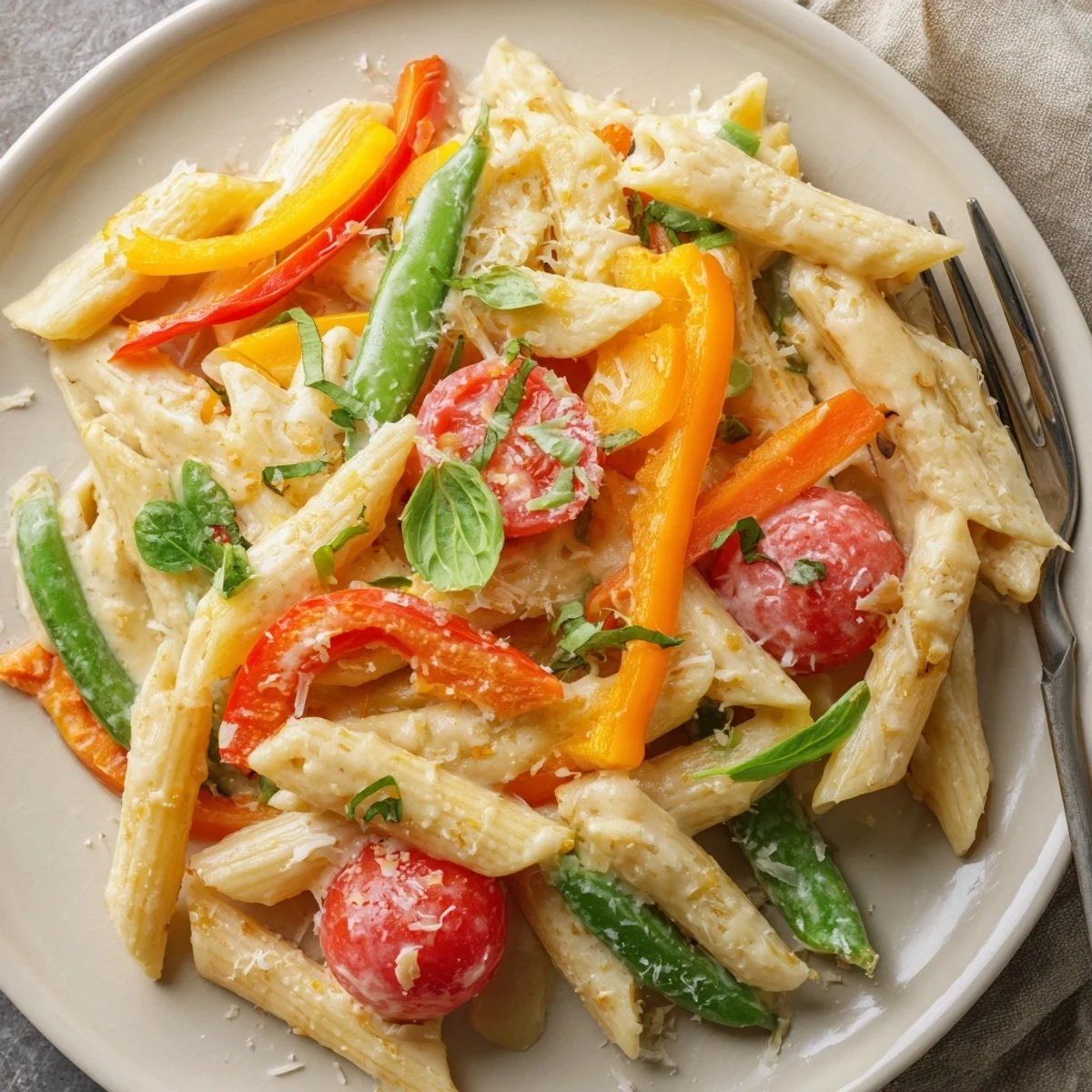 Serving suggestion for Creamy Pasta Primavera, garnished with fresh basil and extra Parmesan in a white bowl.