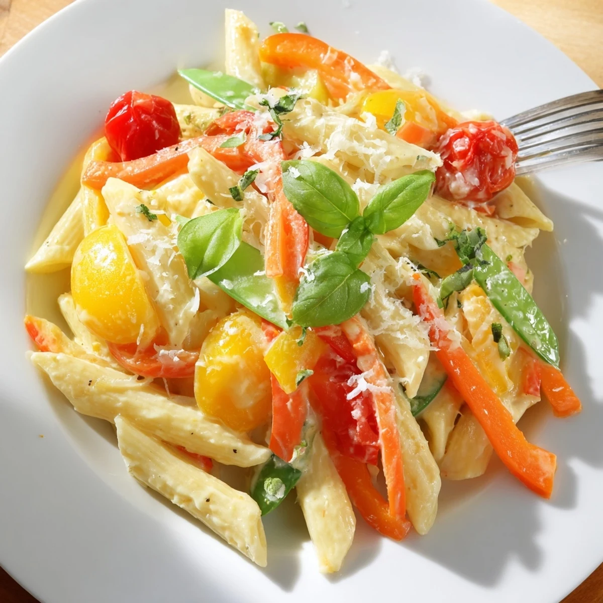 A close-up of Creamy Pasta Primavera, featuring penne pasta tossed with zucchini and bell peppers in a rich sauce.