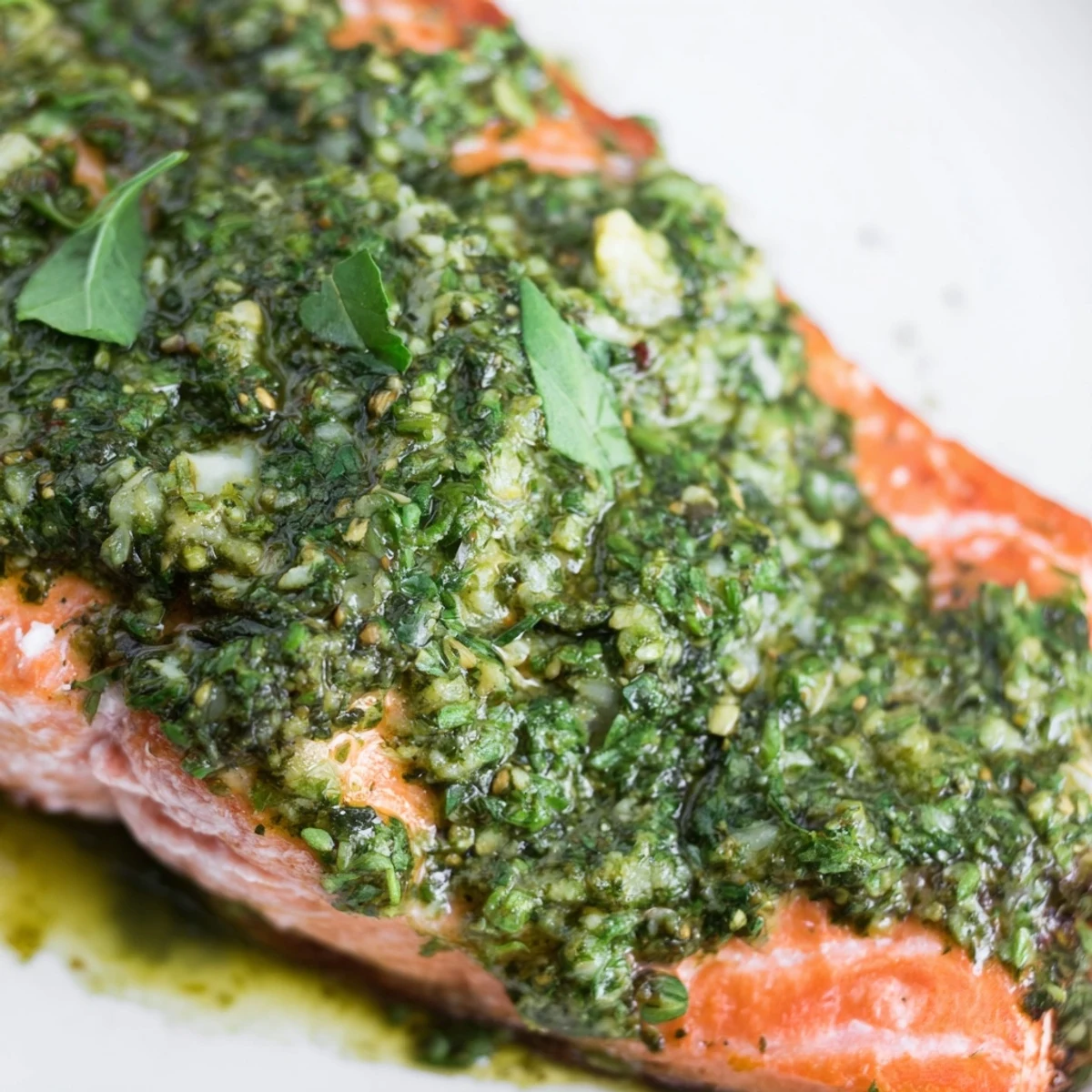 Oven-baked salmon fillet topped with vibrant homemade salsa verde, served with lemon wedges.