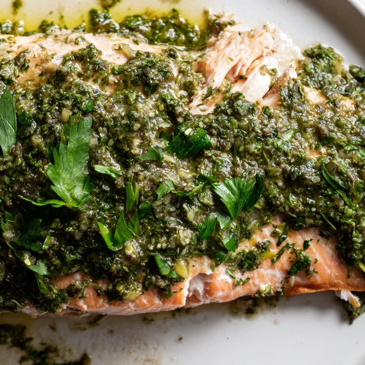 Baked Salmon with Salsa Verde on a plate with fresh parsley, capers, and lemon.