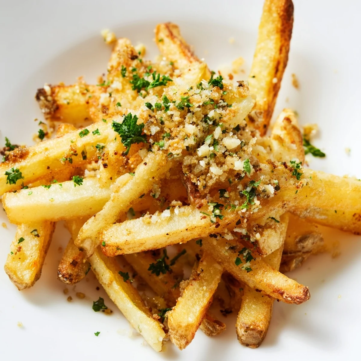 Golden Roasted Fries with Garlic and fresh parsley piled high on a rustic plate, served alongside creamy dipping sauce.