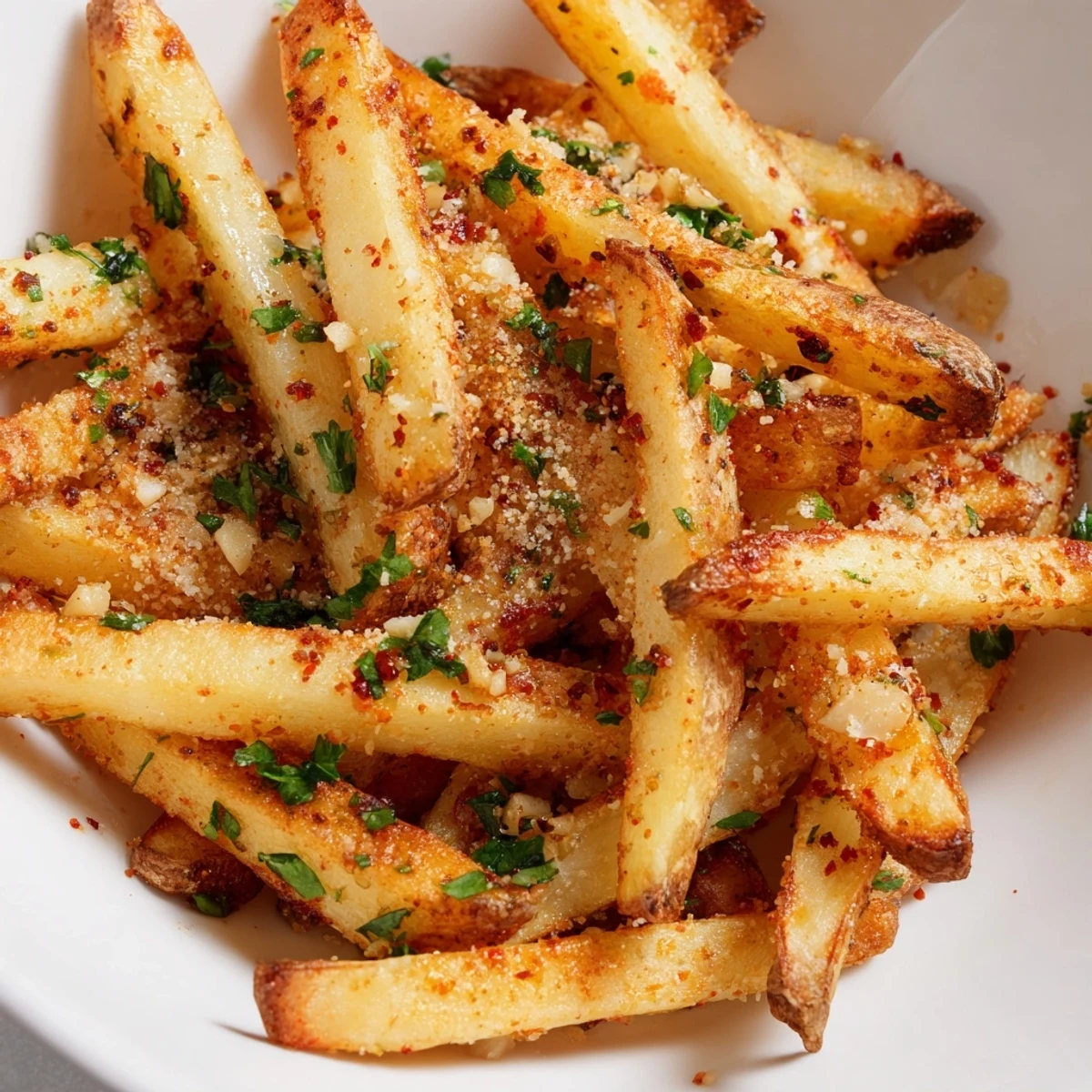 Crisp Roasted Fries with Garlic tossed in olive oil and herbs, straight from the oven and steaming on a tray.