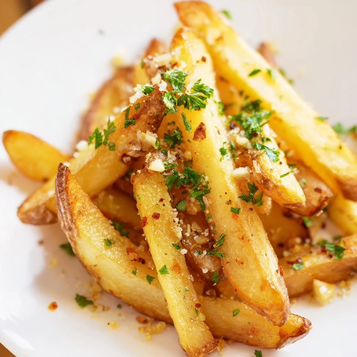 Freshly baked Roasted Fries with Garlic and Parmesan cheese, seasoned to perfection and ready to be enjoyed as a snack.