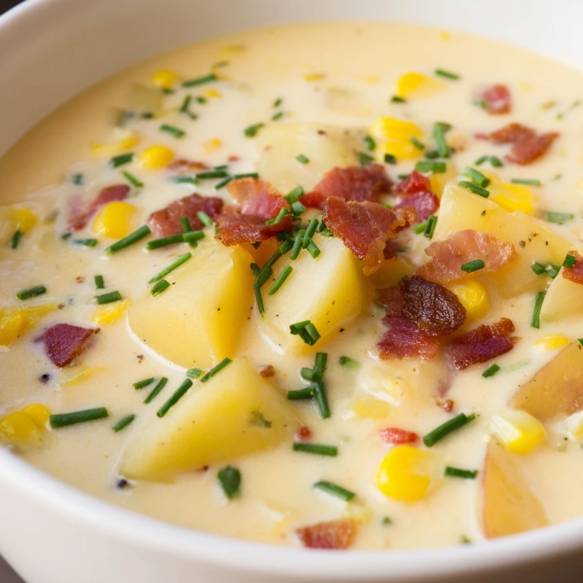 A rich pot of Creamy Corn Chowder simmering on the stove, showing golden corn and diced potatoes in a velvety broth.