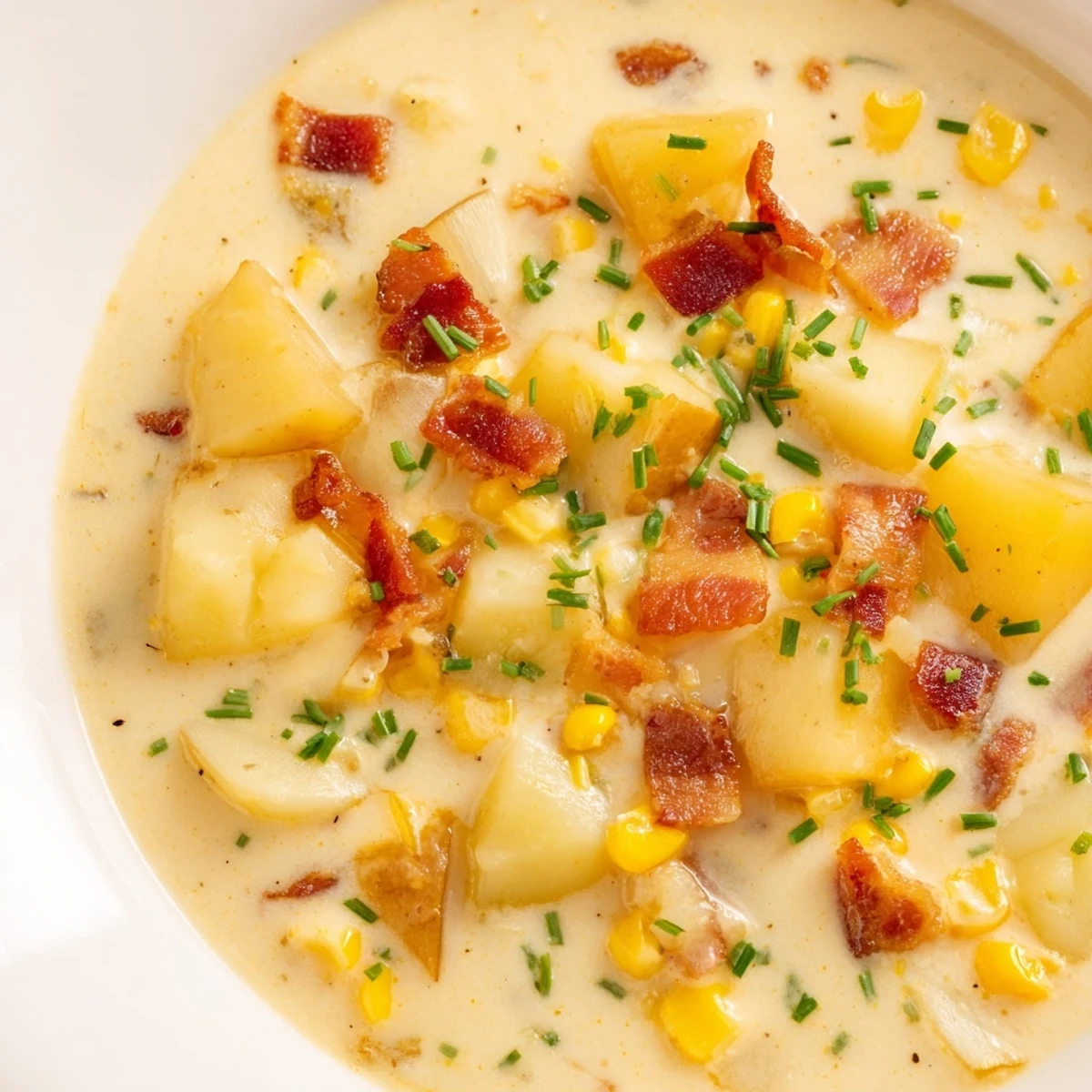 Creamy Corn Chowder steaming in a white bowl, topped with crispy bacon bits and fresh chives, served with crusty bread on the side.