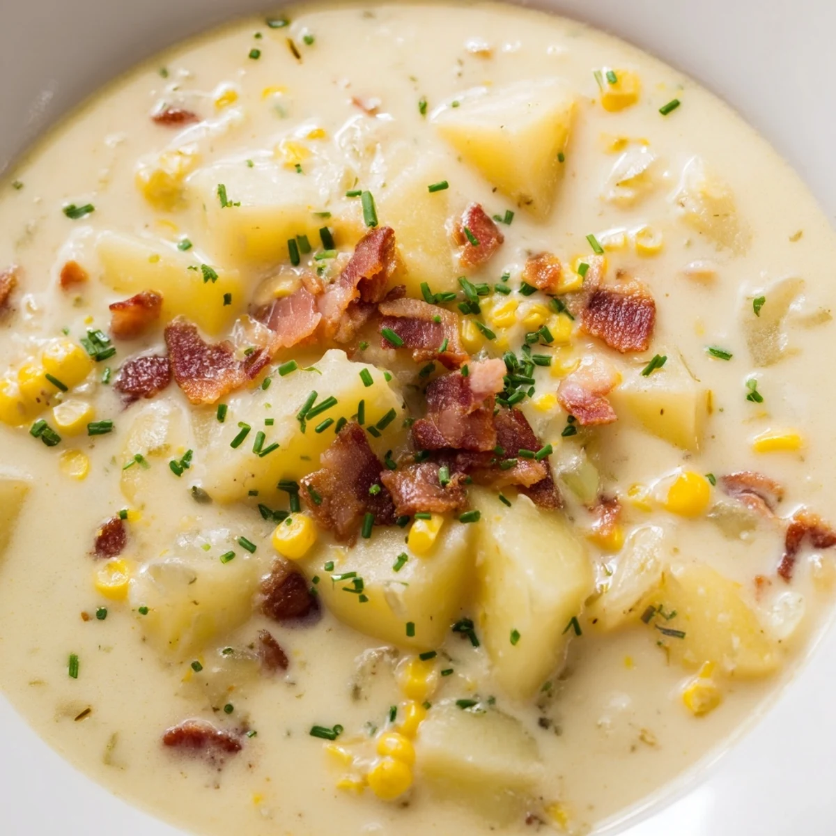 Overhead view of Creamy Corn Chowder in a rustic mug, garnished with fresh parsley and a spoon resting beside it.