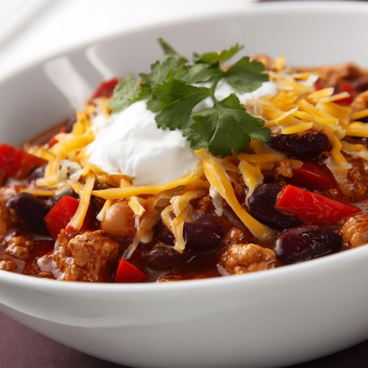 A hearty Turkey Chili Bowl simmering in a pot with diced red peppers and kidney beans.