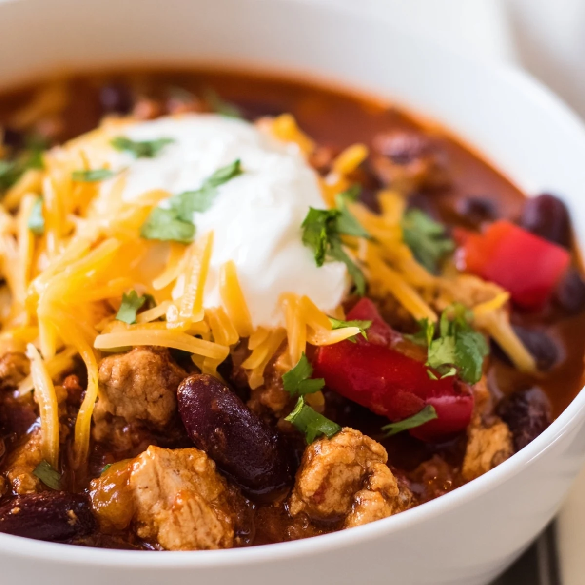 A ladle scooping up Turkey Chili Bowl from a Dutch oven, revealing a thick, protein-rich texture.