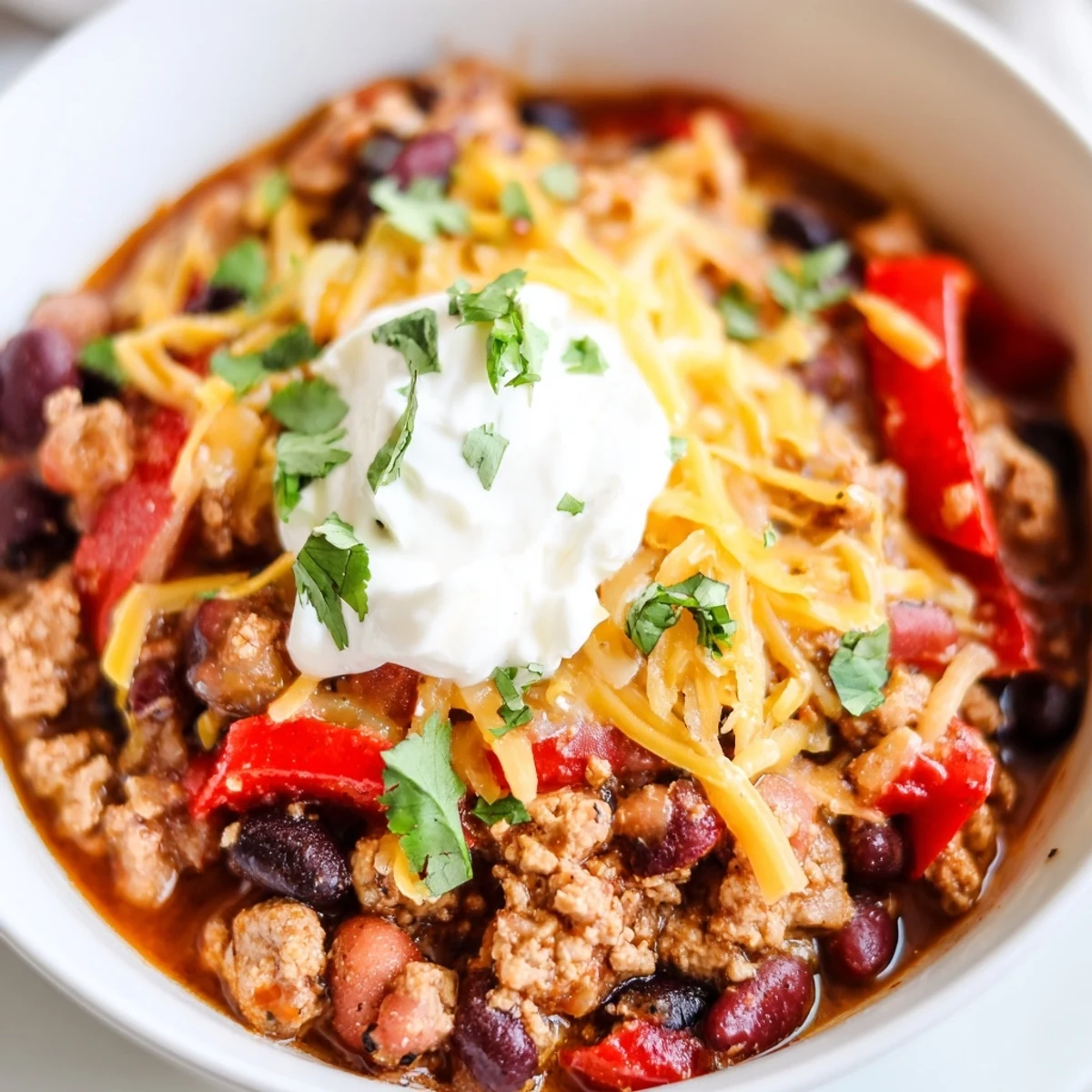 A warm bowl of Turkey Chili Bowl topped with shredded cheddar, sour cream, and fresh cilantro.
