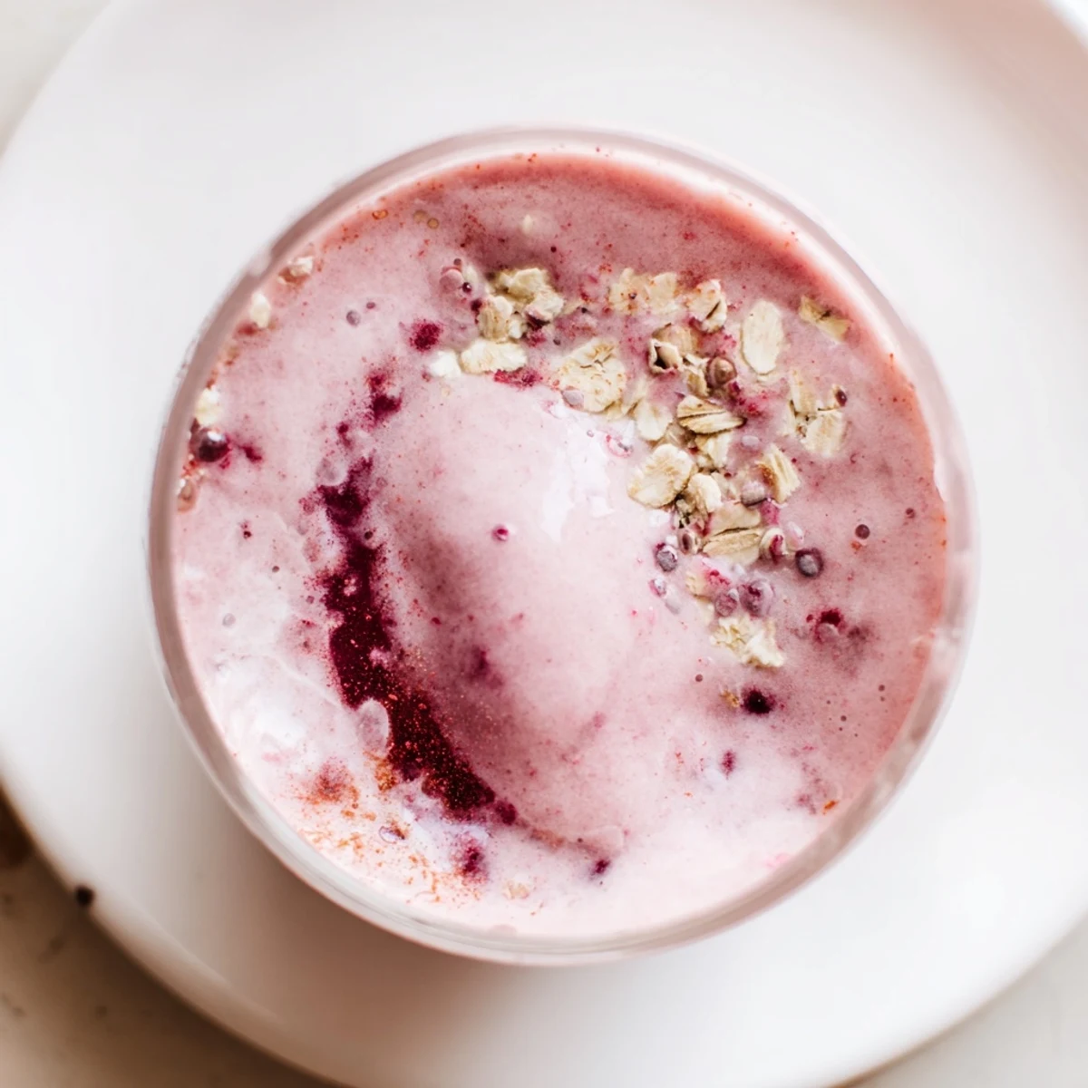 Frothy Winter Smoothie Blend poured into a glass, garnished with oats and ginger beside a sliced pear.