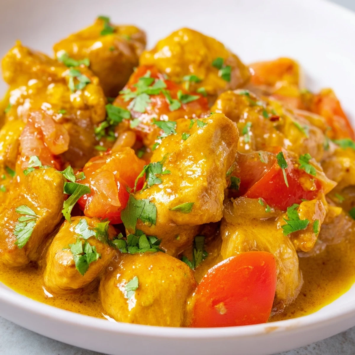 Golden brown chicken thighs simmer in a rich coconut curry sauce with chopped onions and tomatoes. 