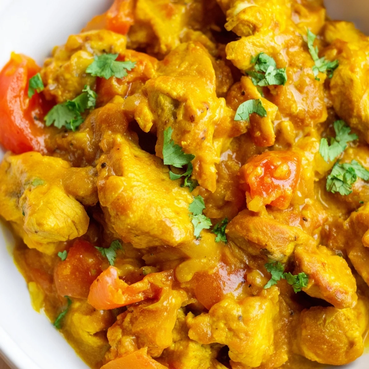 Steaming Spicy Curry Chicken served alongside fluffy white rice and fresh cilantro garnish. 
