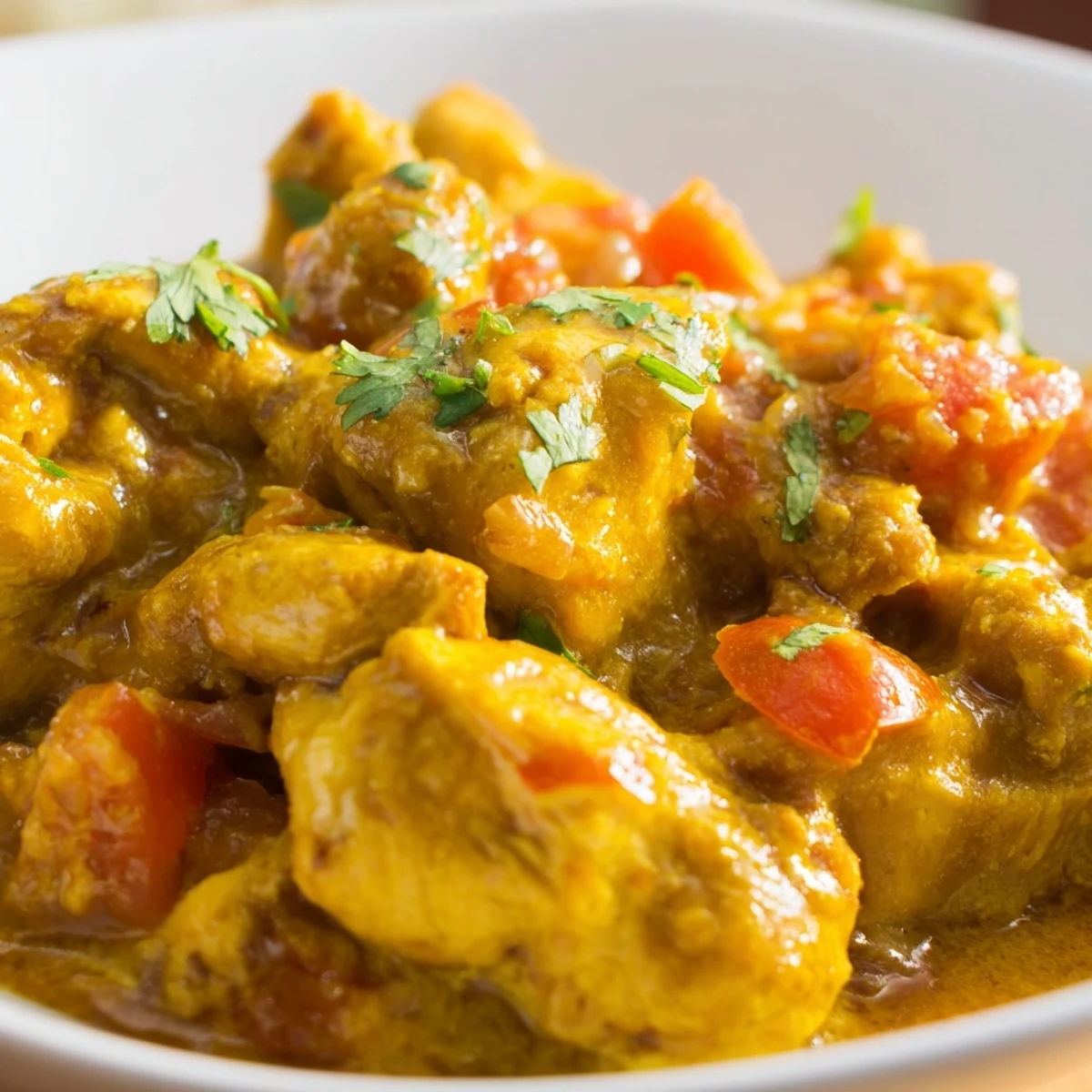 Aromatic Indian spices bloom in a hot pan before adding tender chicken pieces.
