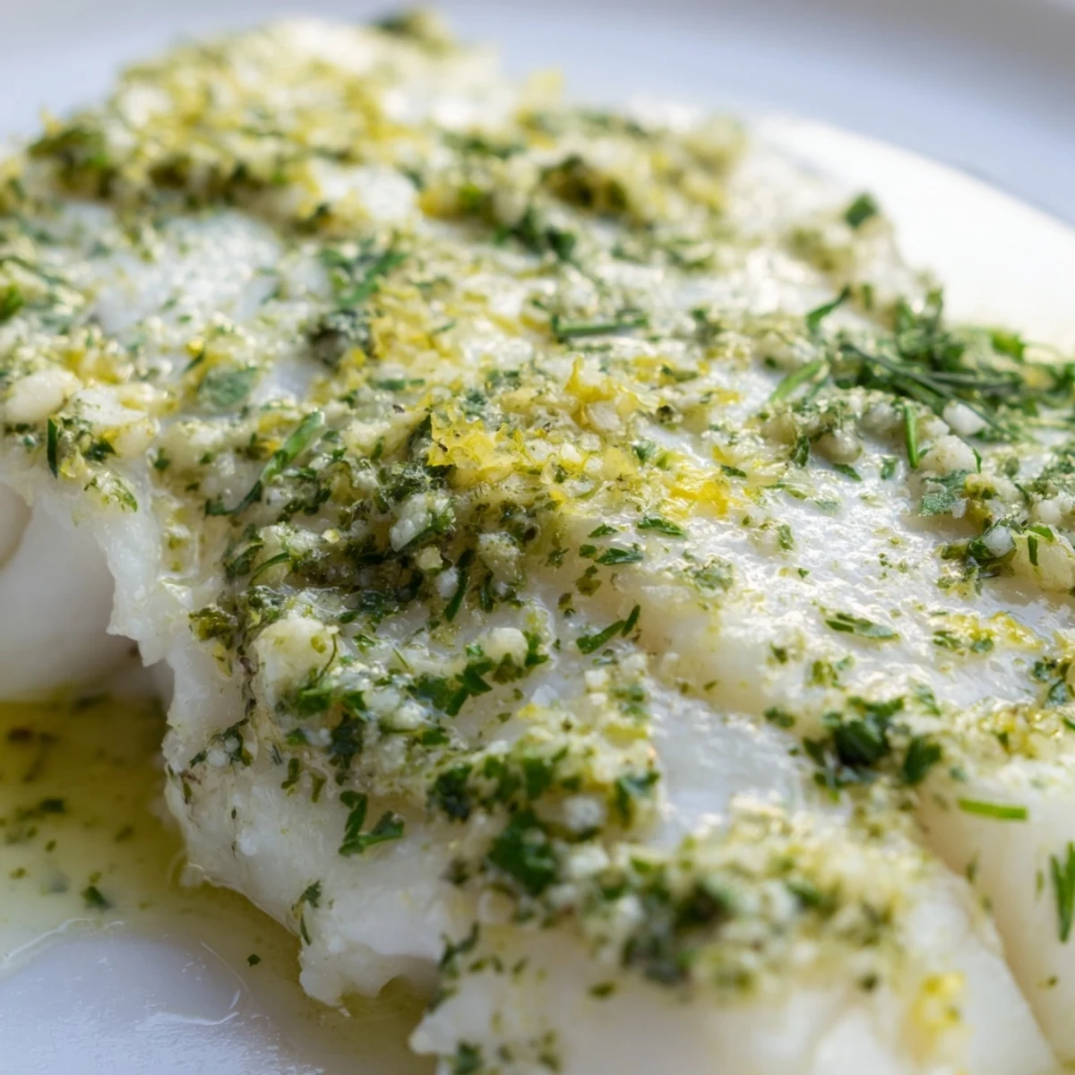 Tender Baked Cod with Herb Butter garnished with fresh dill, parsley, and lemon wedges on a baking sheet.