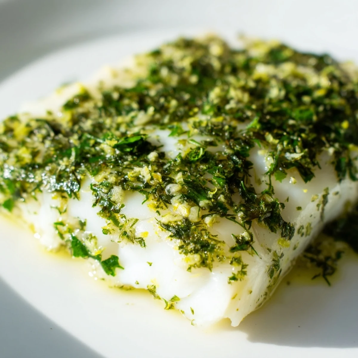 Golden Baked Cod with Herb Butter flake easily, topped with creamy lemon-herb butter on a plate.