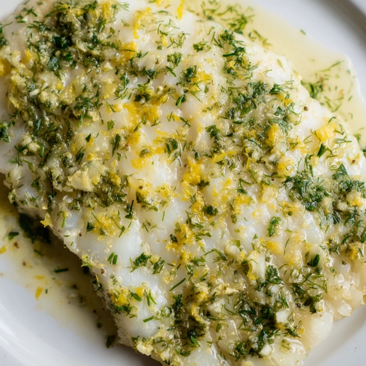 Bright and savory Baked Cod with Herb Butter served alongside roasted potatoes and green beans.