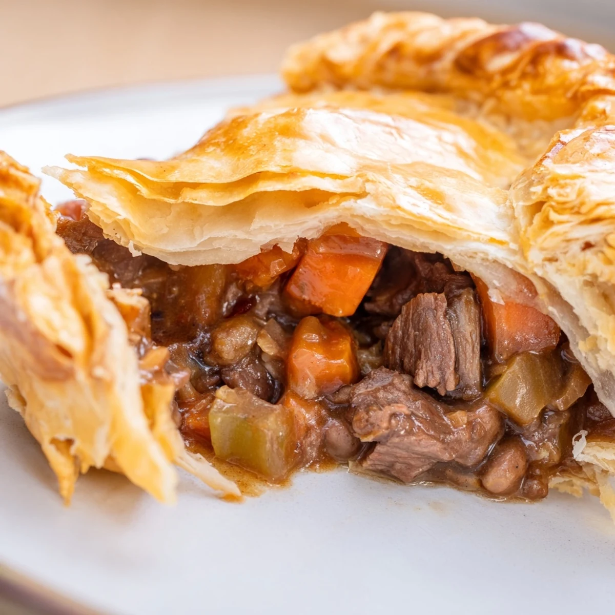 Golden, flaky crust tops this rustic Beef Pie with Crust, filled with tender beef chunks, carrots, and a rich, savory red wine gravy.