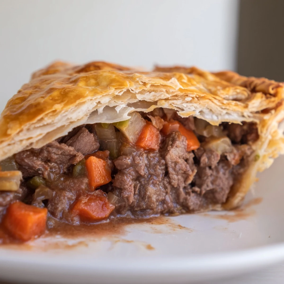 Freshly baked Beef Pie with Crust sits on a wooden board, steam rising from the buttery pastry, ready to slice for dinner.