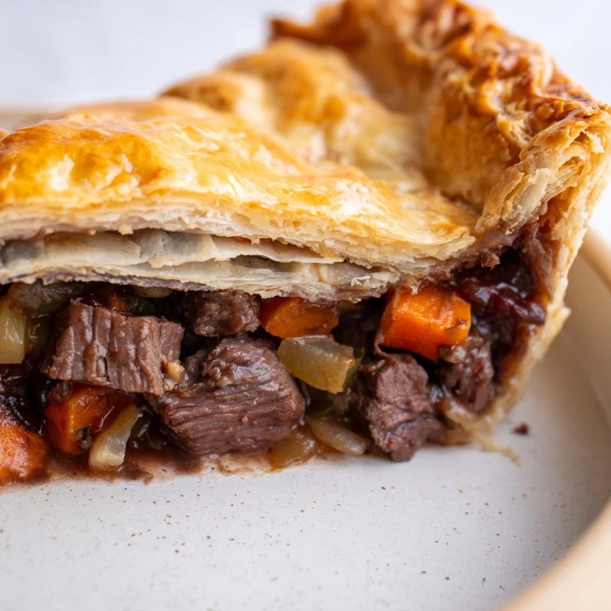 Hearty Beef Pie with Crust reveals a ladle of thick, meaty filling and vegetables, served alongside creamy mashed potatoes for a comforting meal.