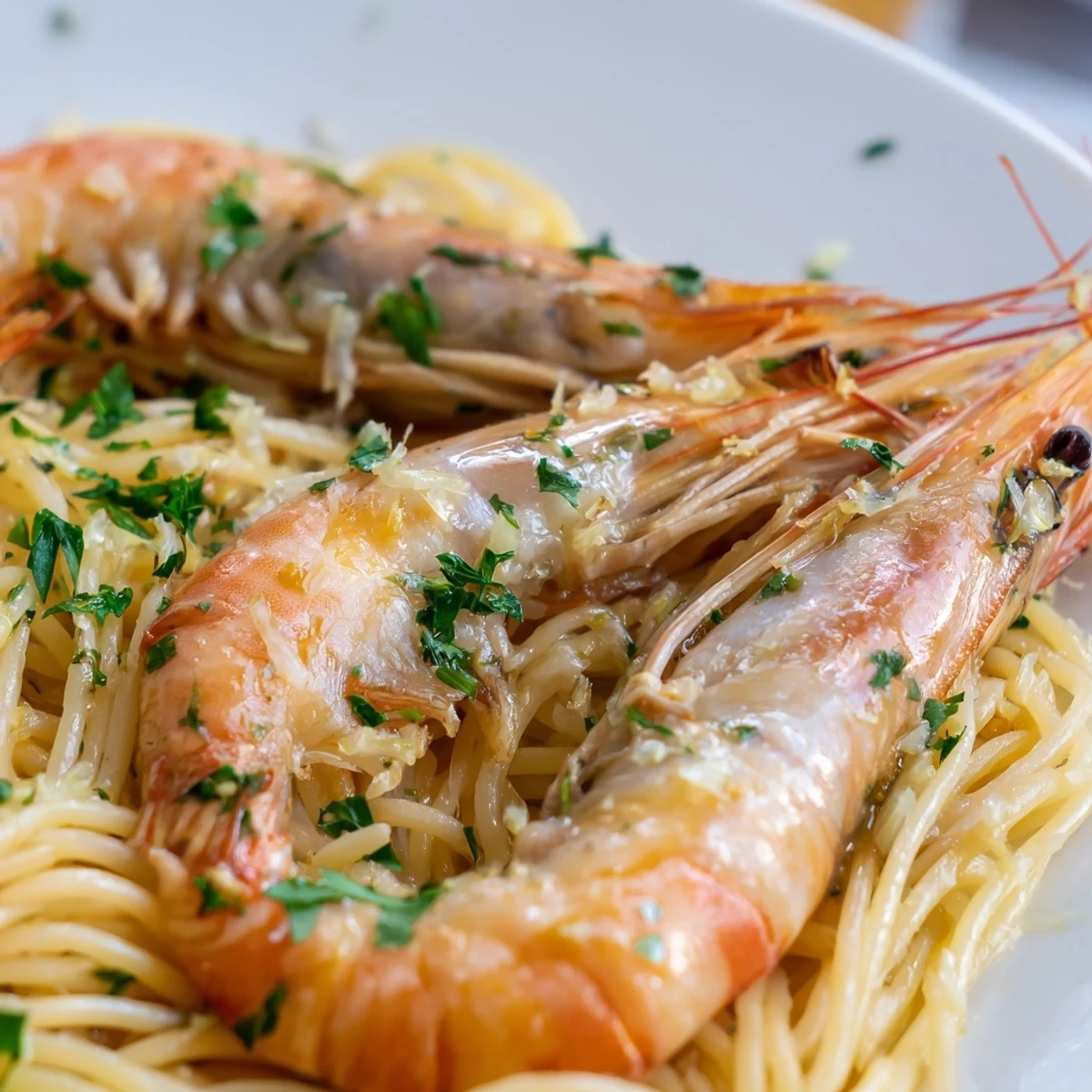 Steam rises from a warm plate of Lemon Shrimp Pasta, garnished with lemon wedges and a sprinkle of Parmesan cheese.