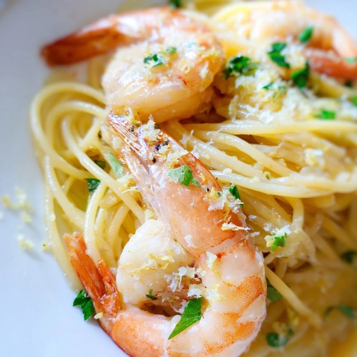 A close-up of Lemon Shrimp Pasta in a skillet, featuring plump shrimp and al dente noodles coated in zesty sauce.