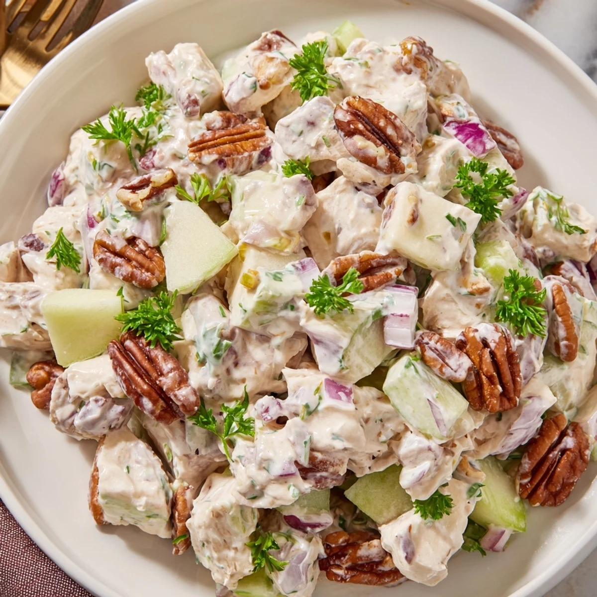 Bright bowl of Chicken Pecan Salad featuring tender chicken, diced apples, and a creamy dressing, garnished with fresh parsley.