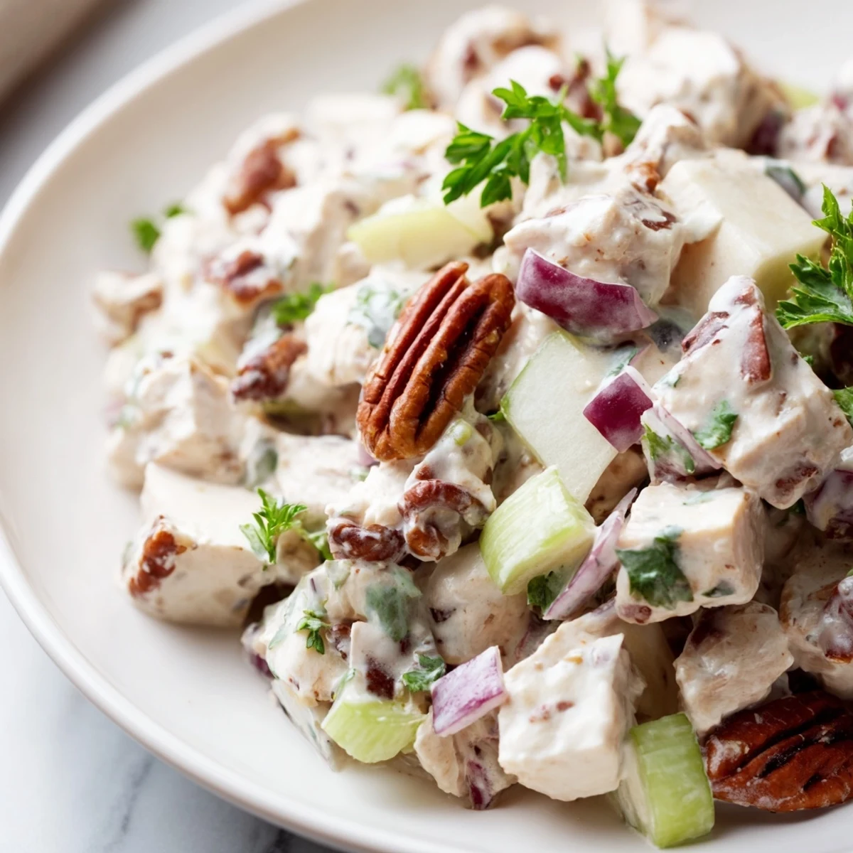Freshly prepared Chicken Pecan Salad with diced apples, celery, and toasted pecans, ready to serve on a bed of mixed greens.