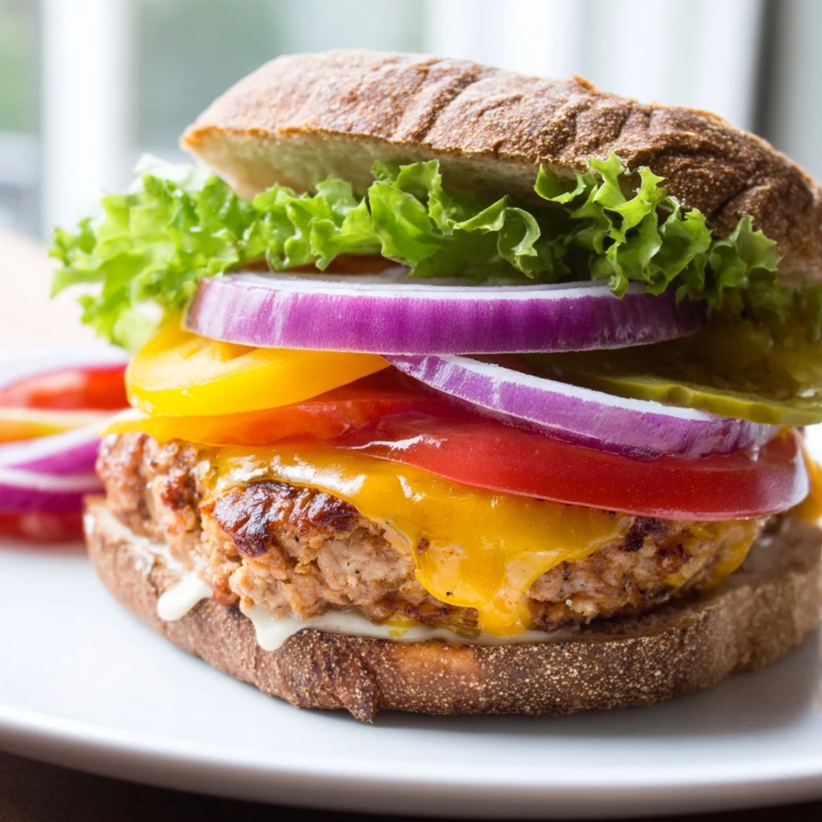 Golden-brown turkey cheese burger with melted cheddar on a toasted whole-wheat bun, fresh lettuce, tomato, and red onion.