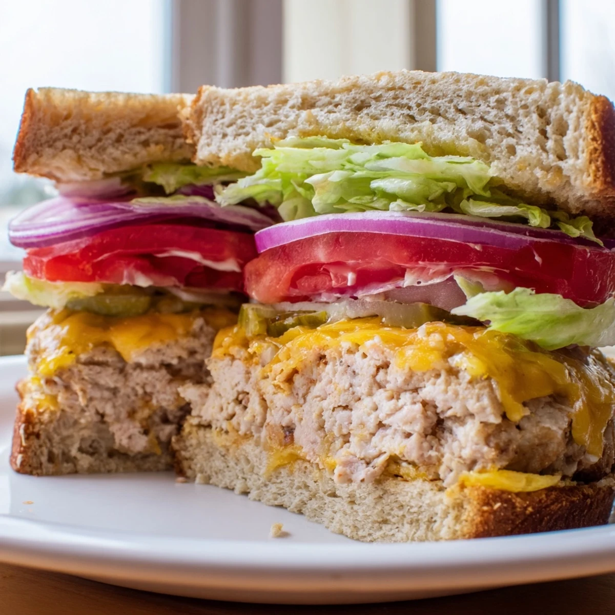 A fully assembled turkey cheese burger on a plate with tangy sauce drips, ready to serve with crispy fries.