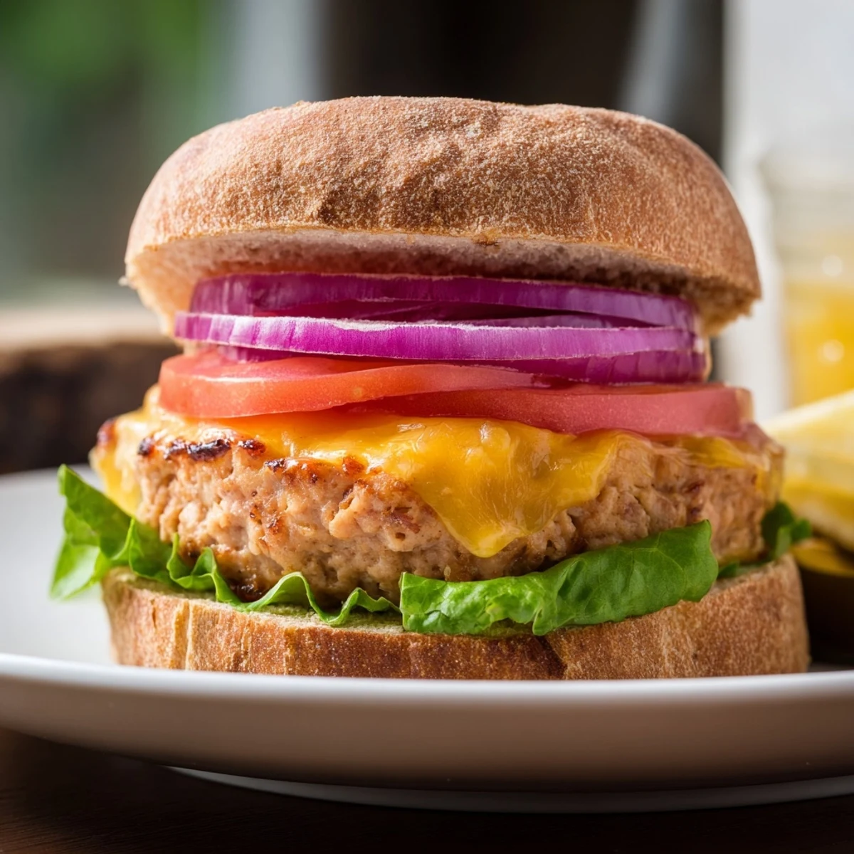 Close-up of a grilled turkey cheese burger revealing juicy patty, melted cheddar, and vibrant fresh vegetable toppings.