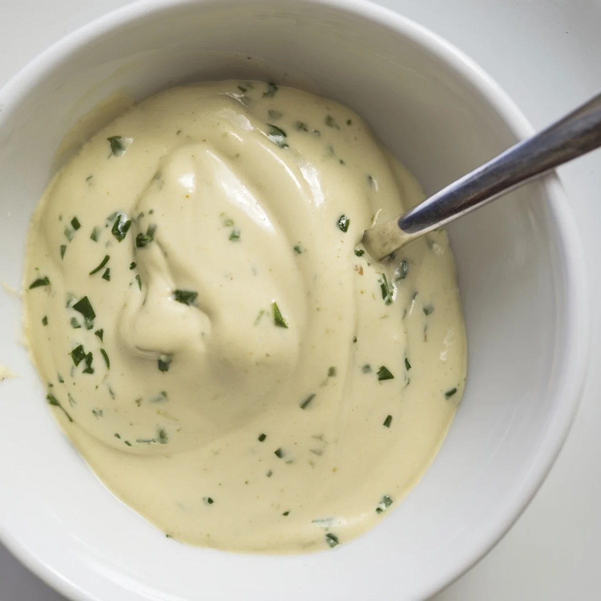 Creamy Salad Dressing in a glass jar with a wooden spoon, drizzled over mixed greens, chives, and parsley.