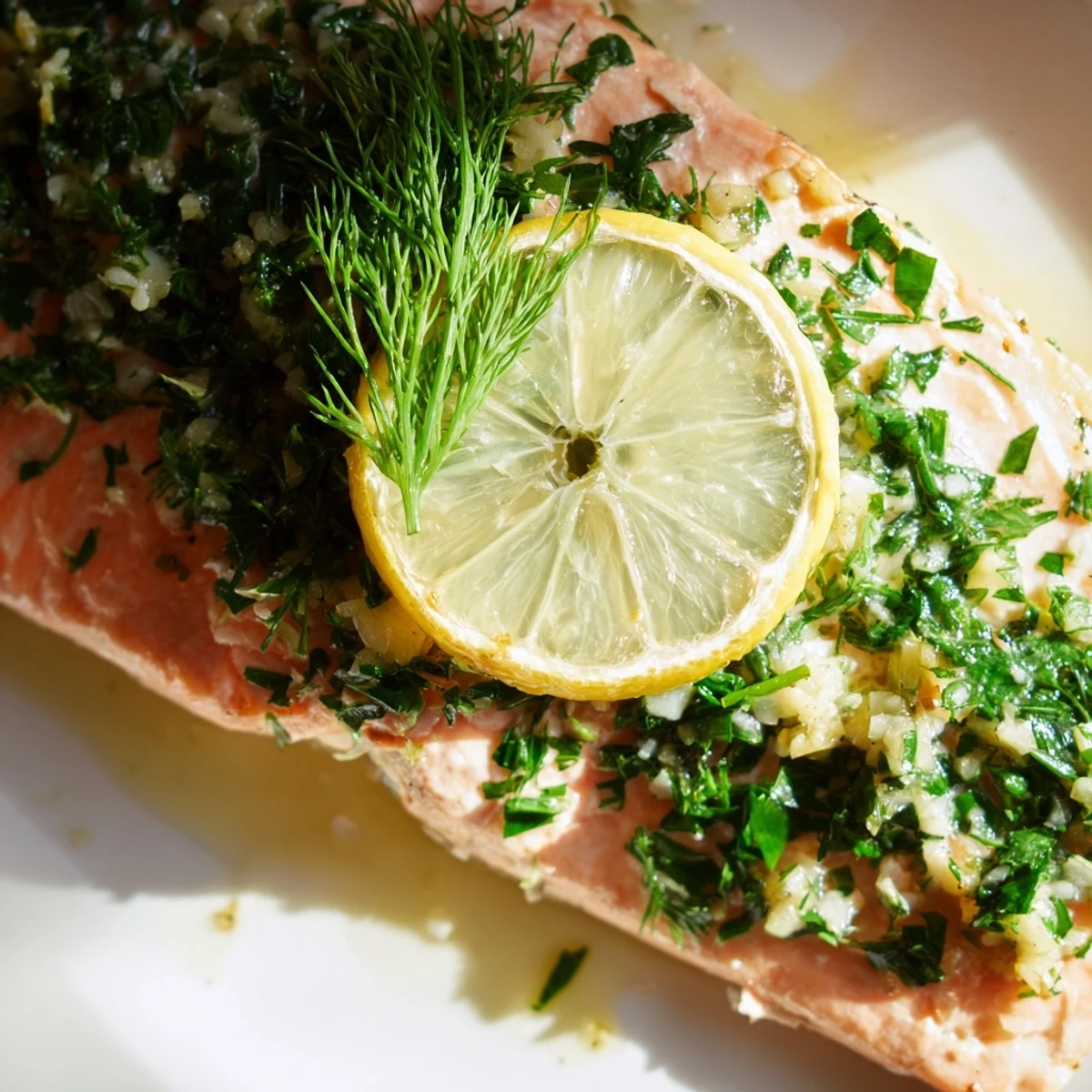 Freshly baked salmon fillet with lemon slices and herbs on a baking sheet, ready for a quick weeknight dinner.