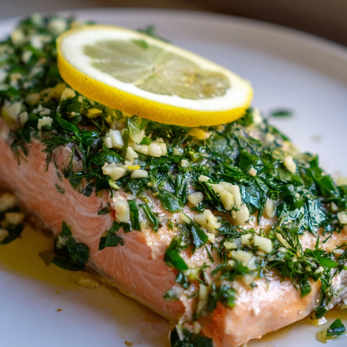 Golden-baked salmon with fresh herbs and lemon wedges served alongside roasted vegetables for a healthy meal.