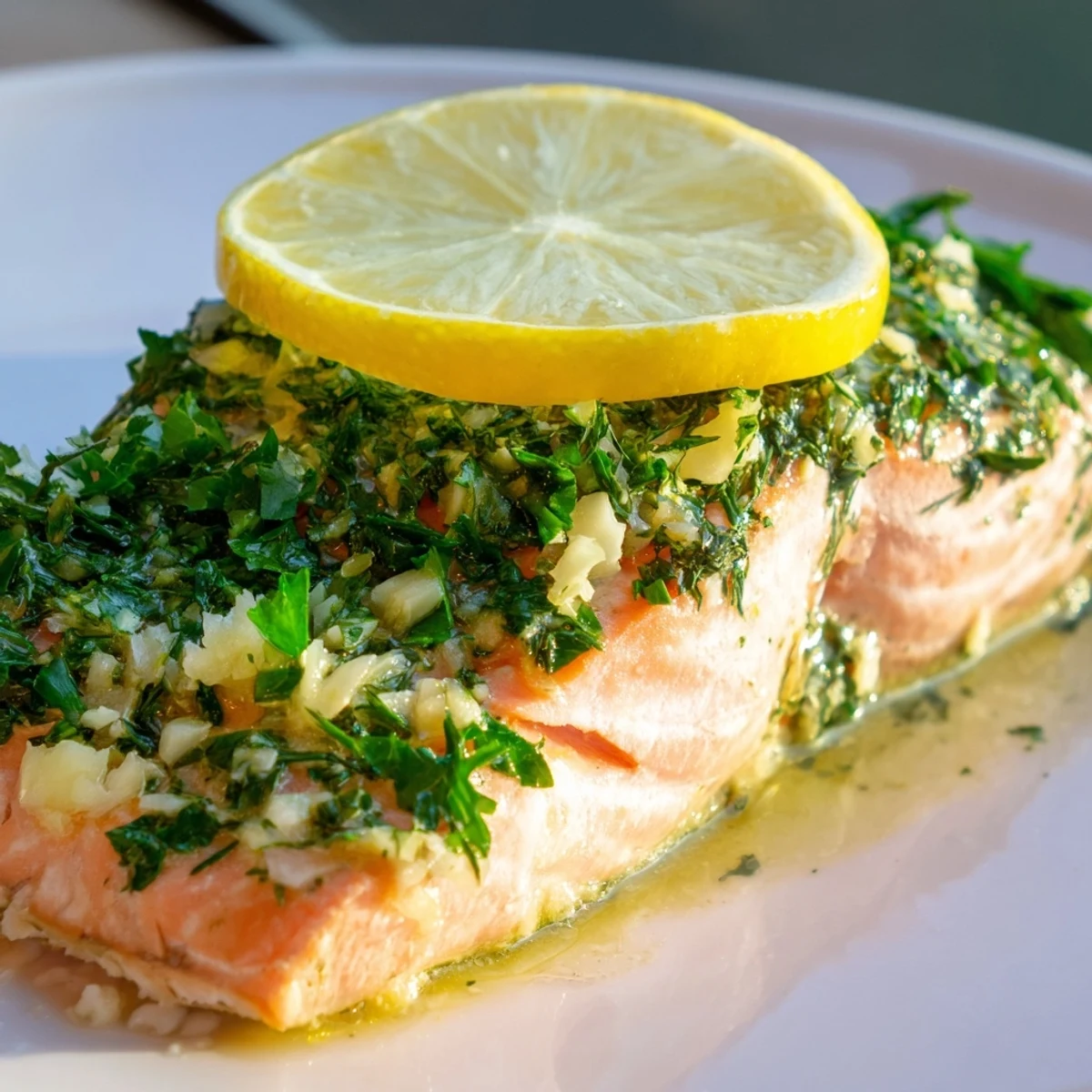 Flaky Baked Salmon with Lemon and Herbs on a plate, garnished with dill and ready to enjoy.