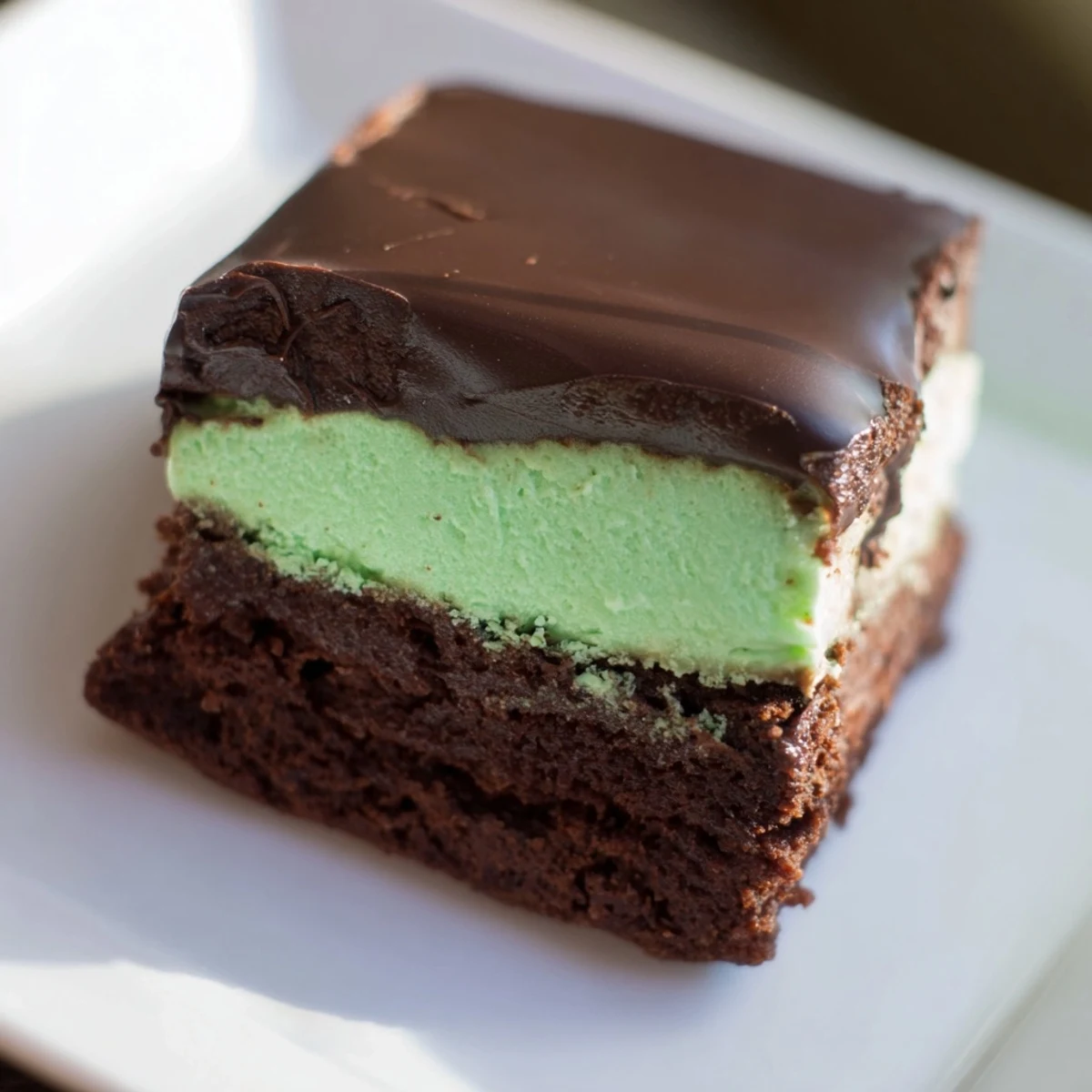 A close-up of St. Patricks Day Mint Brownies cut into squares, showing layers of fudgy chocolate and vibrant green frosting.