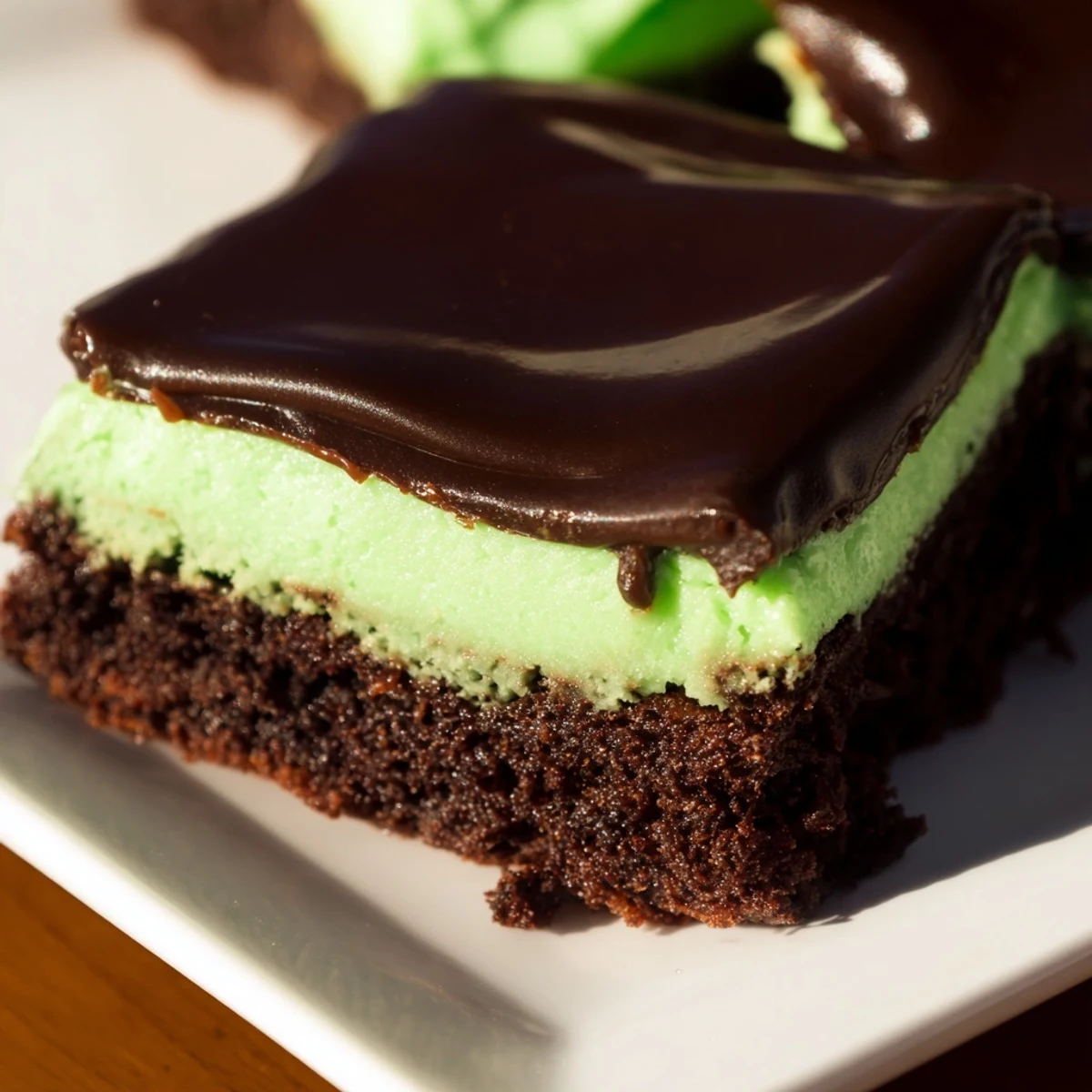 A serving of St. Patricks Day Mint Brownies features a glossy chocolate ganache topping and a rich, minty filling.