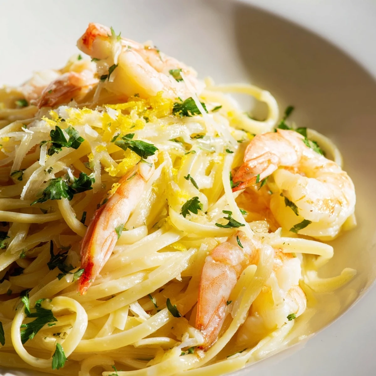 Steam rises from a plate of Romantic Shrimp Scampi with Linguine, showcasing buttery shrimp and glistening pasta.