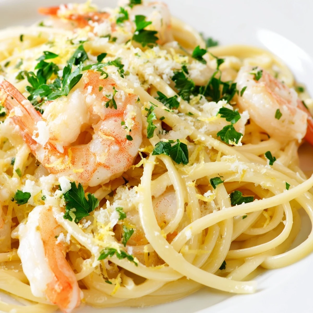 A skillet of Romantic Shrimp Scampi with Linguine features succulent shrimp nestled in al dente linguine.