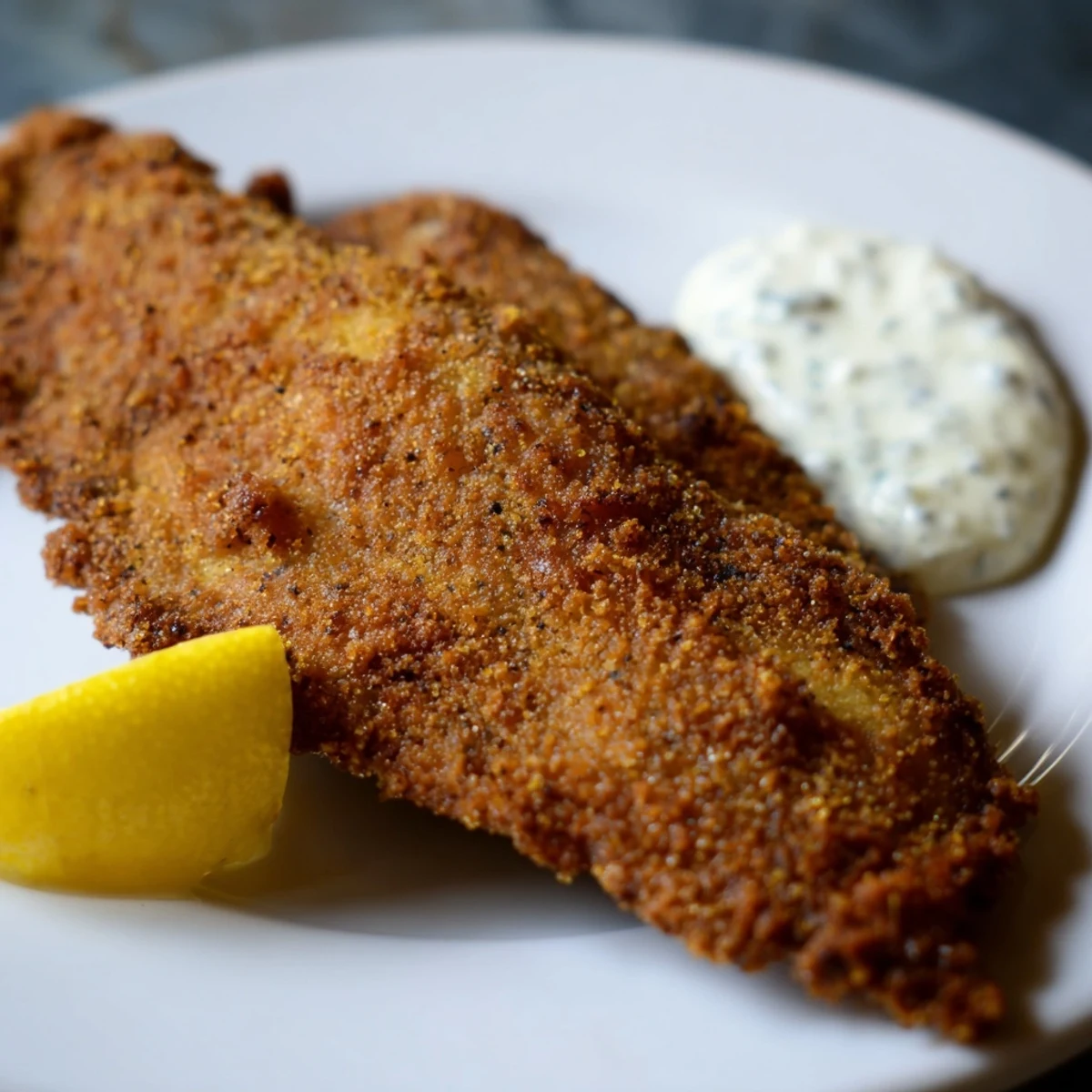 Crispy golden Louisiana Style Fried Catfish fillets served hot with tartar sauce and fresh lemon wedges.