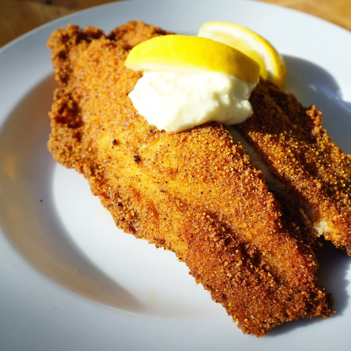 Southern-style Louisiana Style Fried Catfish coated in seasoned cornmeal, ready to serve with creamy coleslaw.