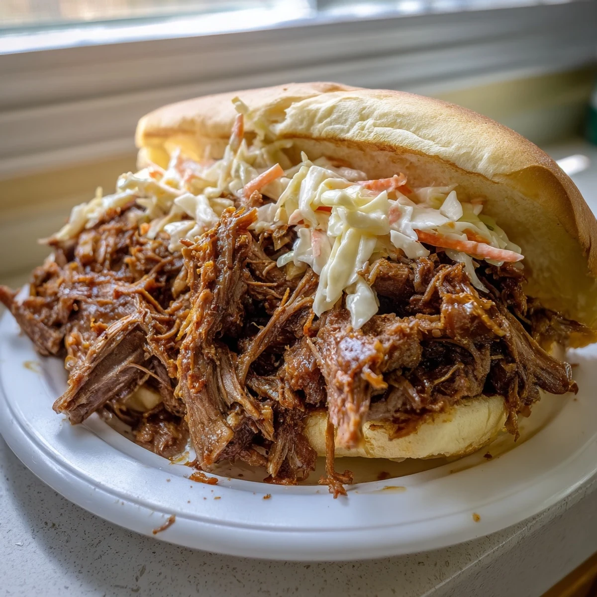 Juicy Slow Cooked Pulled Beef Sandwiches piled high on soft brioche buns, topped with creamy coleslaw and tangy pickles.