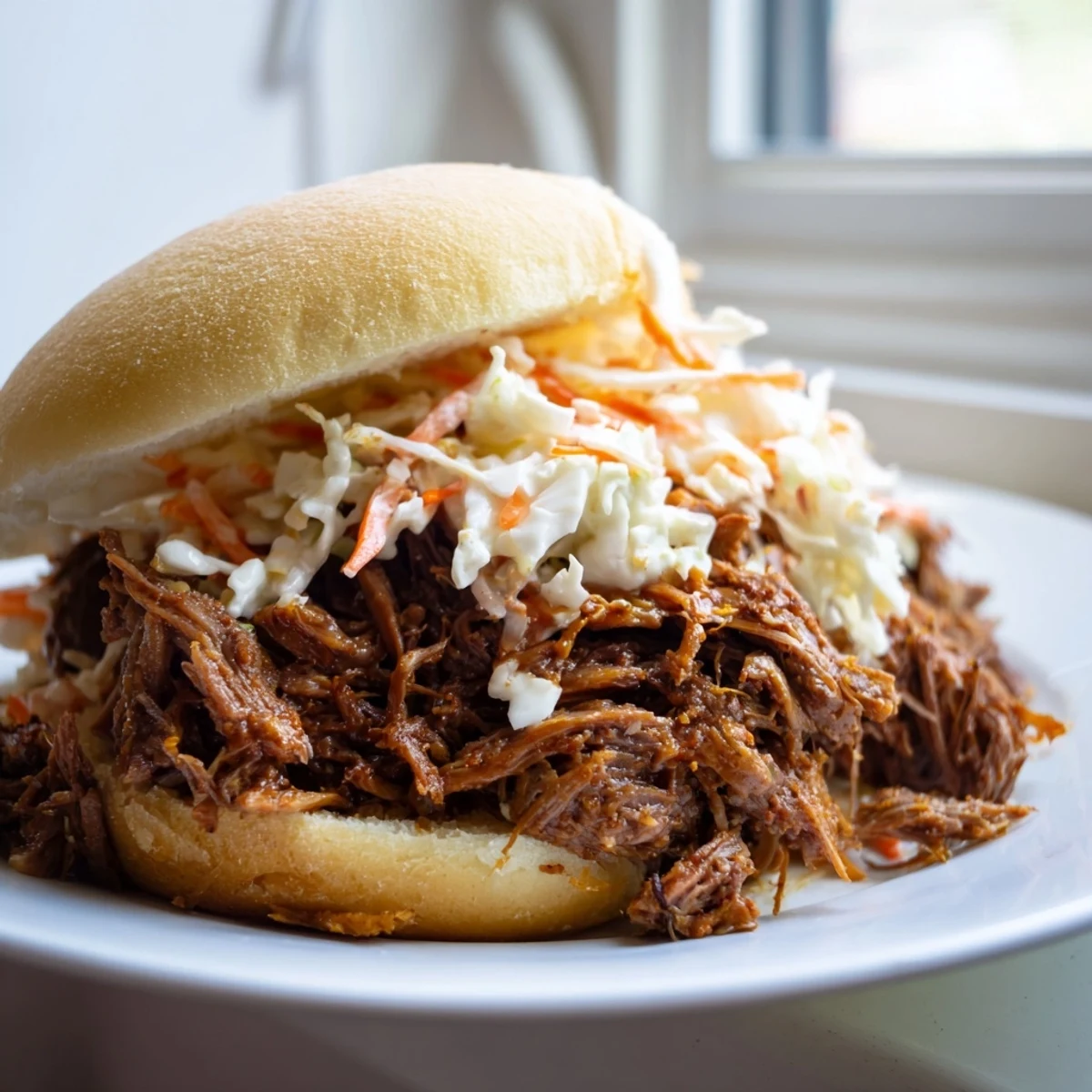 Slow Cooked Pulled Beef Sandwiches featuring melt-in-your-mouth beef, garnished with fresh slaw, ready to serve on a rustic wooden table.